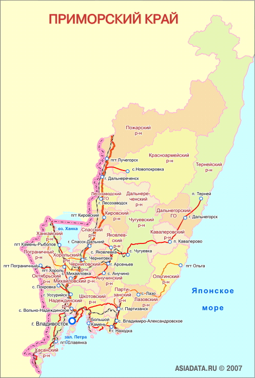 Карта Приморского края маленькая мелкая Районы и города